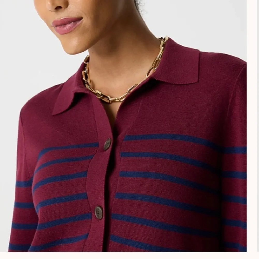 J crew burgundy navy Striped collared sweater-jacket